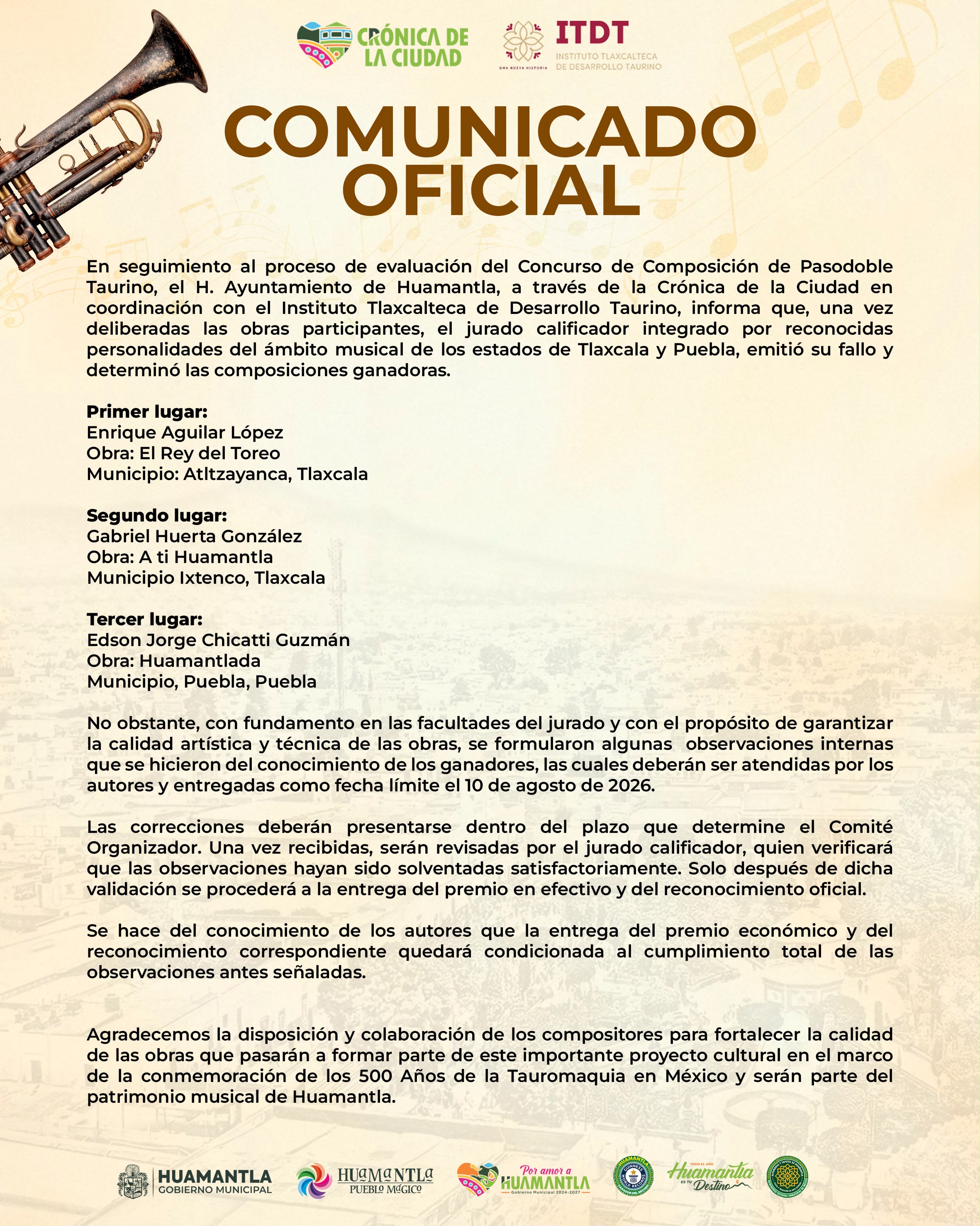 Jurado emite observaciones a ganadores de Concurso Nacional de Composición de Pasodoble Taurino ‘500 Años de la Tauromaquia en México’